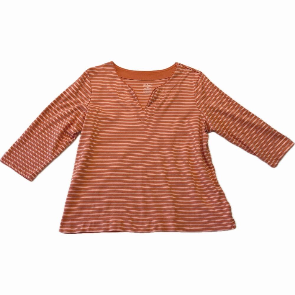LL BEAN Supima Cotton Tunic Top Women's Size L Petite Peachy Orange White Stripe